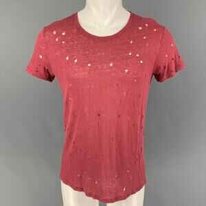 IRO Size S Burgundy Distressed Linen Crew-Neck Clay T-shirt